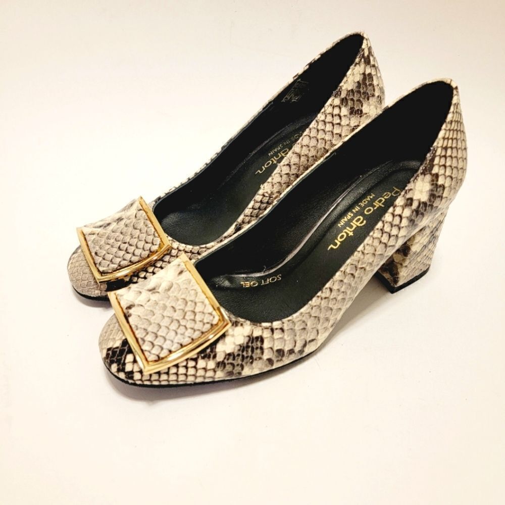 Pedro Anton Made in Spain Faux Snake Embossed Buckle Pumps Block Heel Shoes 36